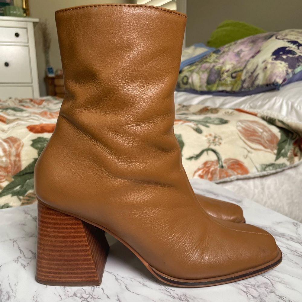 Caramel-colored Steve Madden squared toe, block heel platform boots